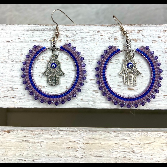 Handmade Jewelry - Boho Beaded Hand of Fatima HANDMADE Purple Hoop Earrings